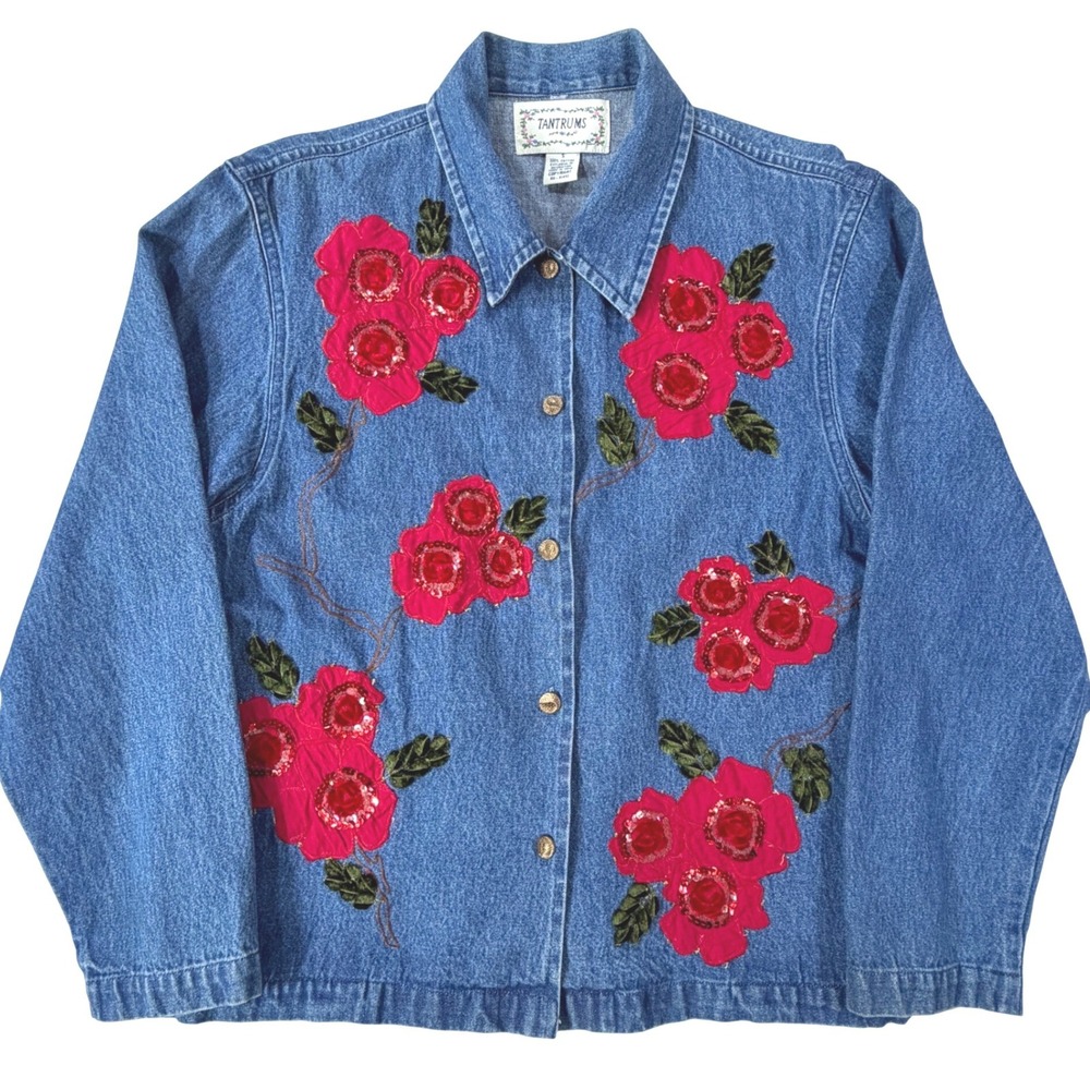 Floral Denim Chore Jacket VTG Tantrums Women SM Cottage Grandma Artsy Shacket